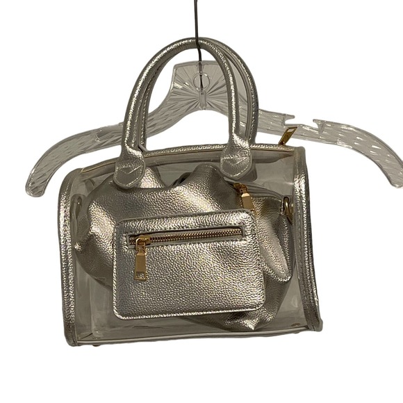 Clear & Silver Handbag/Crossbody‎ with Gold Zipper NWOT Silver Pouch - Picture 1 of 12